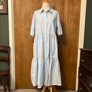 Blue Tiered Buttoned Sundress with Collar